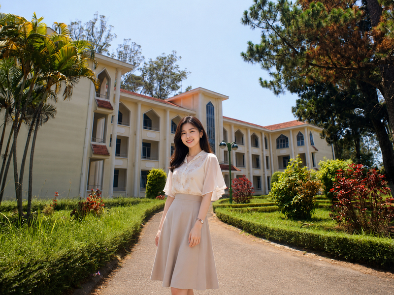 Phong cách nữ tính với áo blouse và chân váy chữ A giữa khung cảnh lãng mạn (Ảnh được tạo bởi AI)