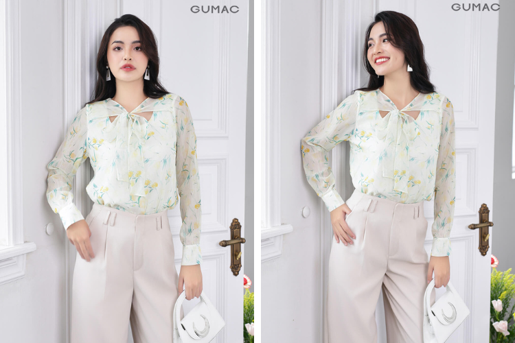 Áo kiểu cổ nơ mix quần âu đi làng hoa Sadec Áo kiểu cổ nơ mix quần âu đi làng hoa Sadec