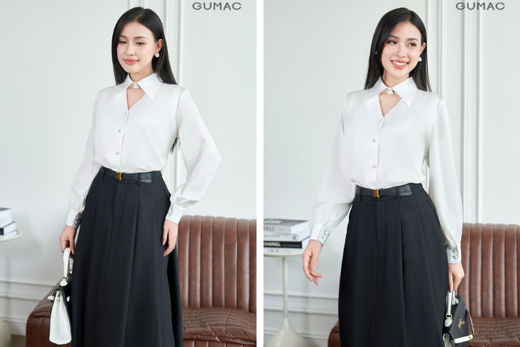 Áo sơ mi cổ khoét mix chân váy đi dinh Hoàng A Tưởng Áo sơ mi cổ khoét mix chân váy đi dinh Hoàng A Tưởng