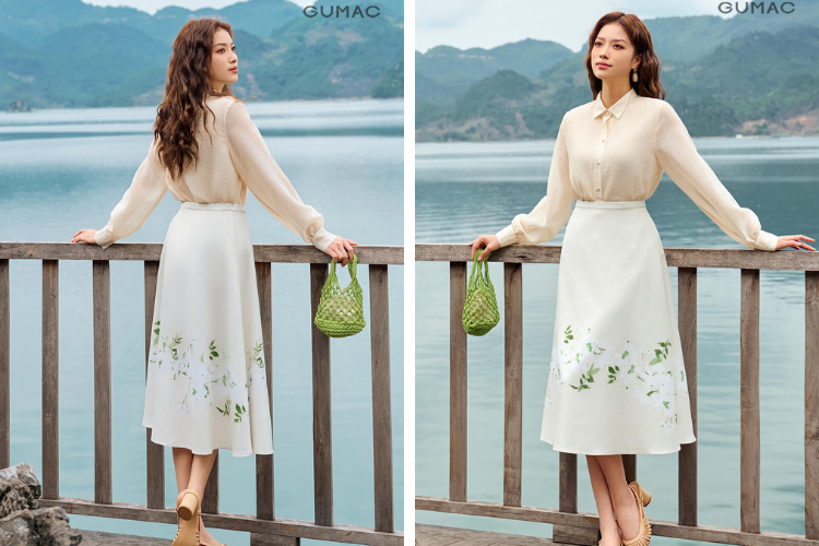 Áo sơ mi kết hợp với chân váy họa tiết