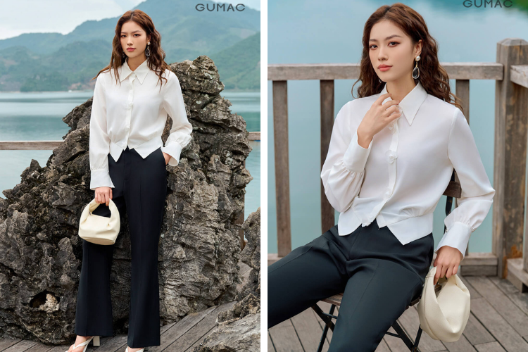 Áo sơ mi đính hoa với quần âu thanh lịch