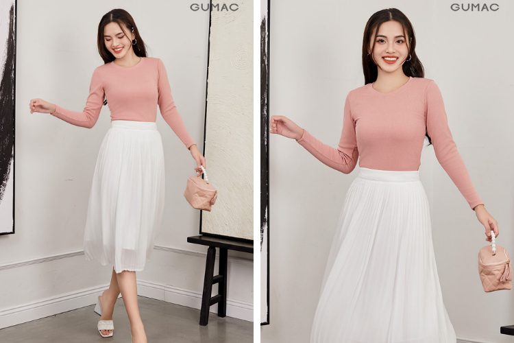 Áo thun tay dài phối cùng chân váy