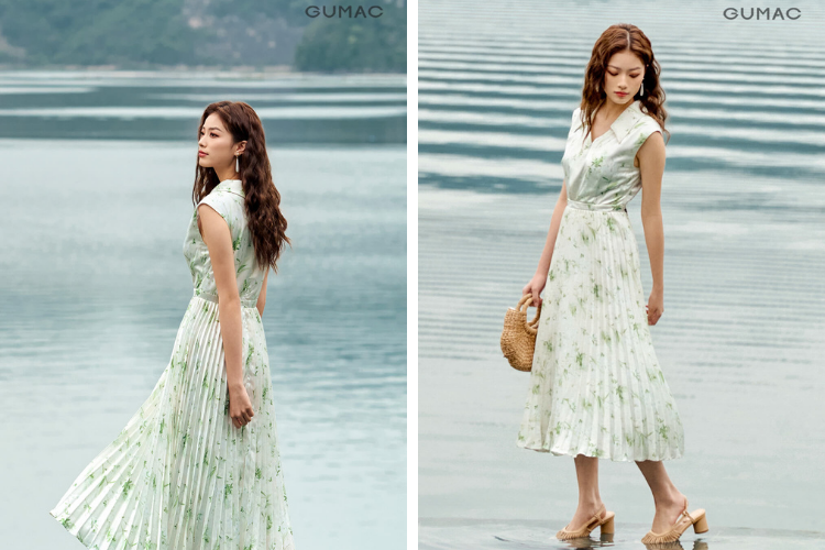 Đầm xếp ly tay liền