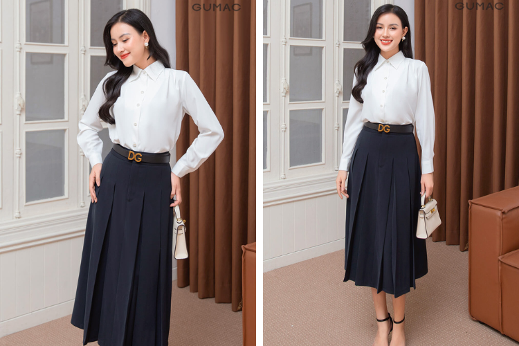 áo sơ mi + chân váy midi khi đi Dinh Độc Lập