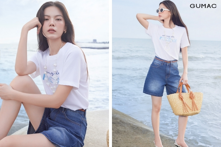 mặc áo thun nữ GUMAC và quần short denim đi đồi cát