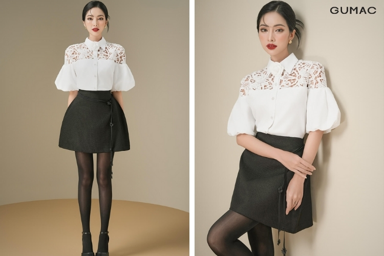 mặc váy xòe với áo tay bồng GUMAC khi đi đồi cát
