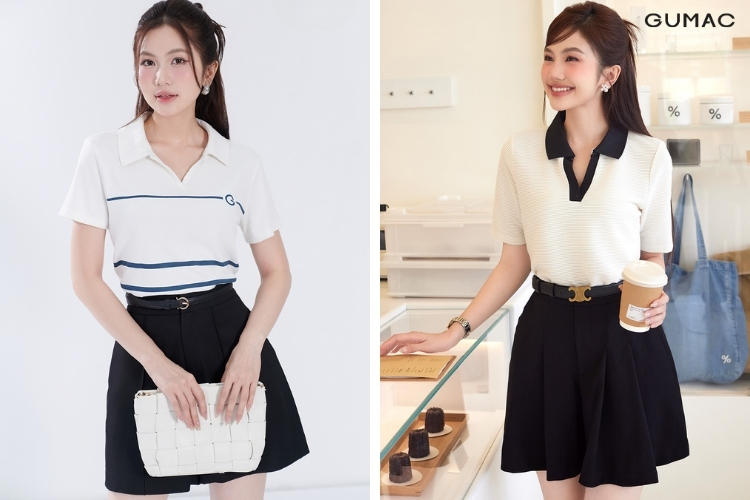 mặc áo polo và chân váy xếp ly GUMAC đi đồi cát
