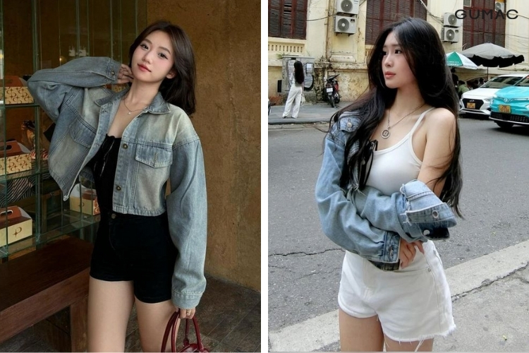 đi đồi cát mặc áo khoác denim với quần short