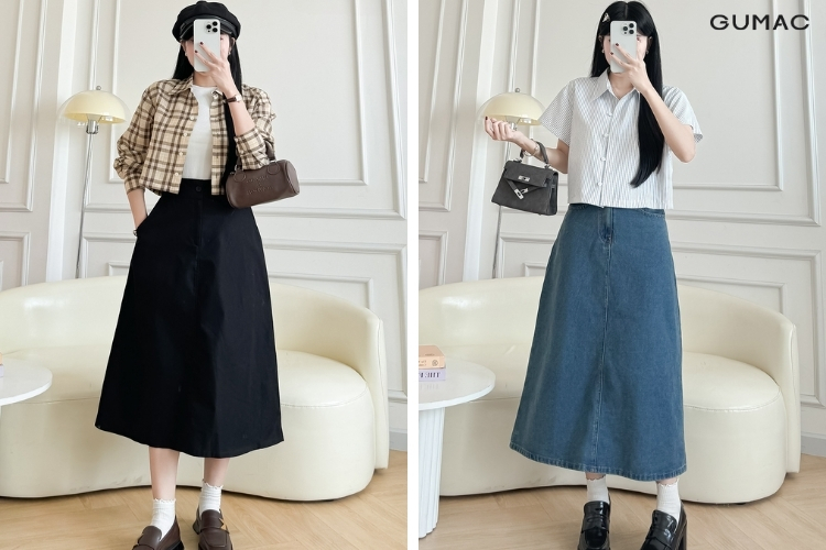 đi đồi cát mặc áo croptop và chân váy jeans GUMAC