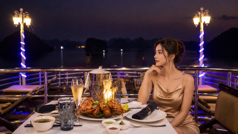 Váy lụa hai dây cổ đổ phối cao gót quai mảnh dự tiệc tối sang trọng trên du thuyền. (Ảnh được tạo bởi AI)