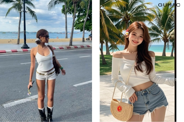 Áo croptop và quần short cạp cao