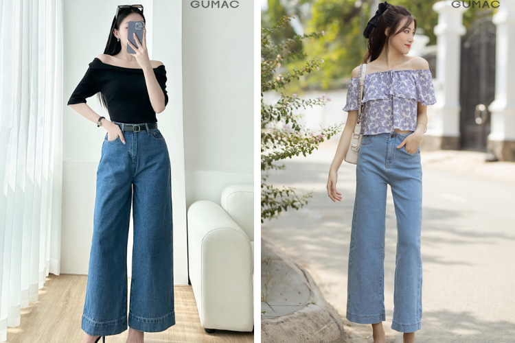 áo trễ vai mix quần ống rộng