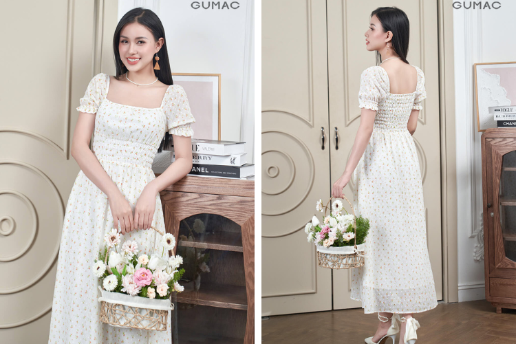 đầm maxi tay phồng