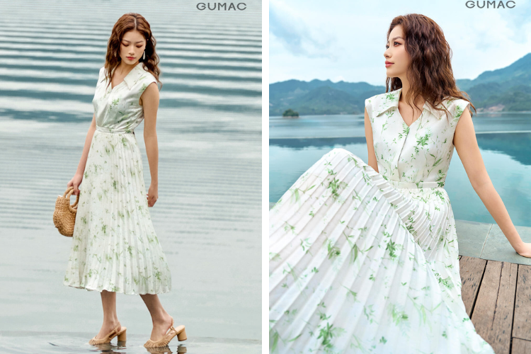 Đầm xếp ly tay liền