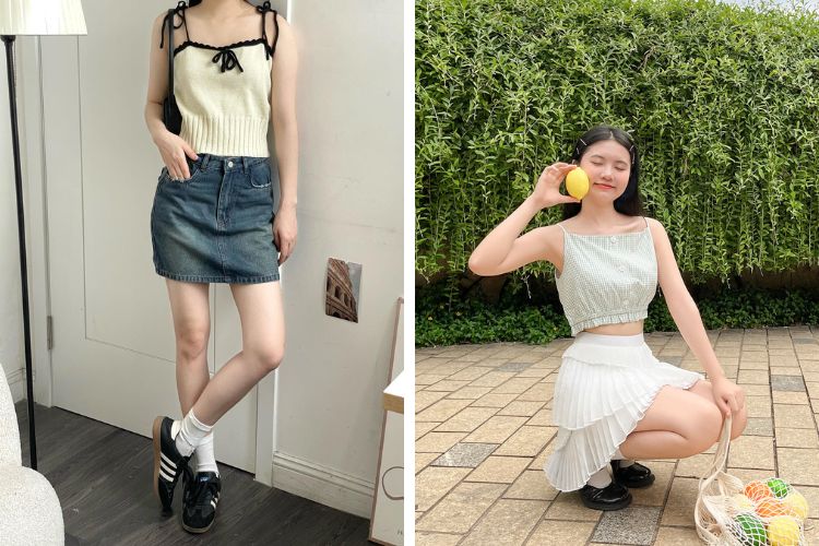 Áo hai dây phối chân váy đi du lịch Tam Đảo