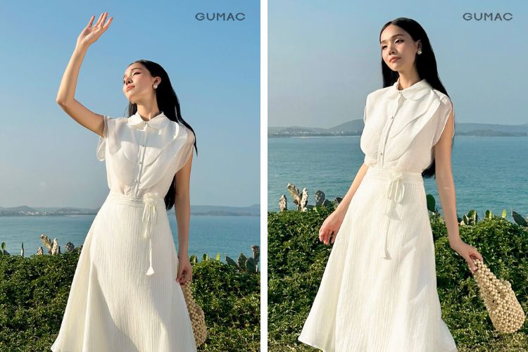 Áo kiểu mix với chân váy đi du lịch Tam Đảo