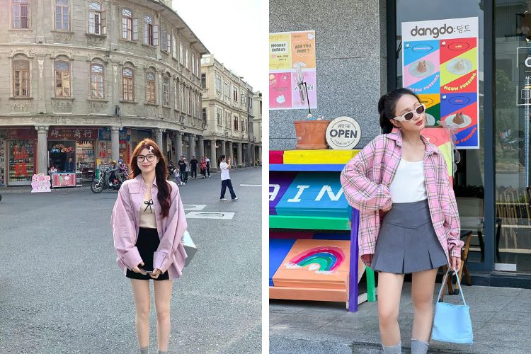  Áo sơ mi khoác mỏng mix với áo thun đi du lịch Tam Đảo