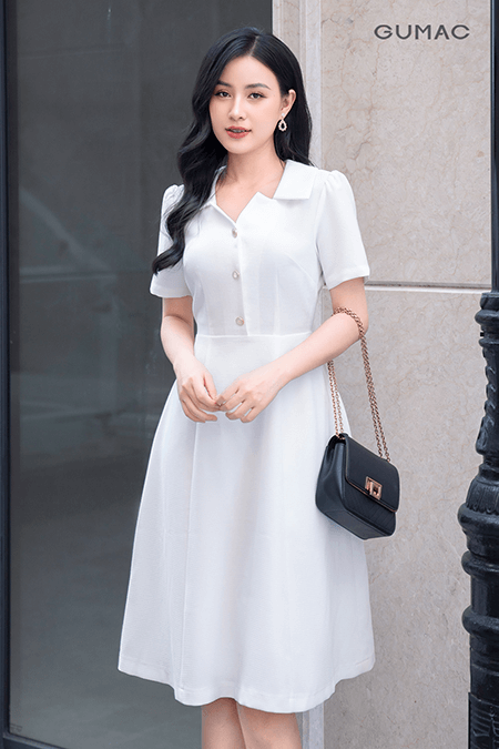 Đầm thiết kế nữ gấm trắng in hoa cổ tròn tay ngắn cao cấp