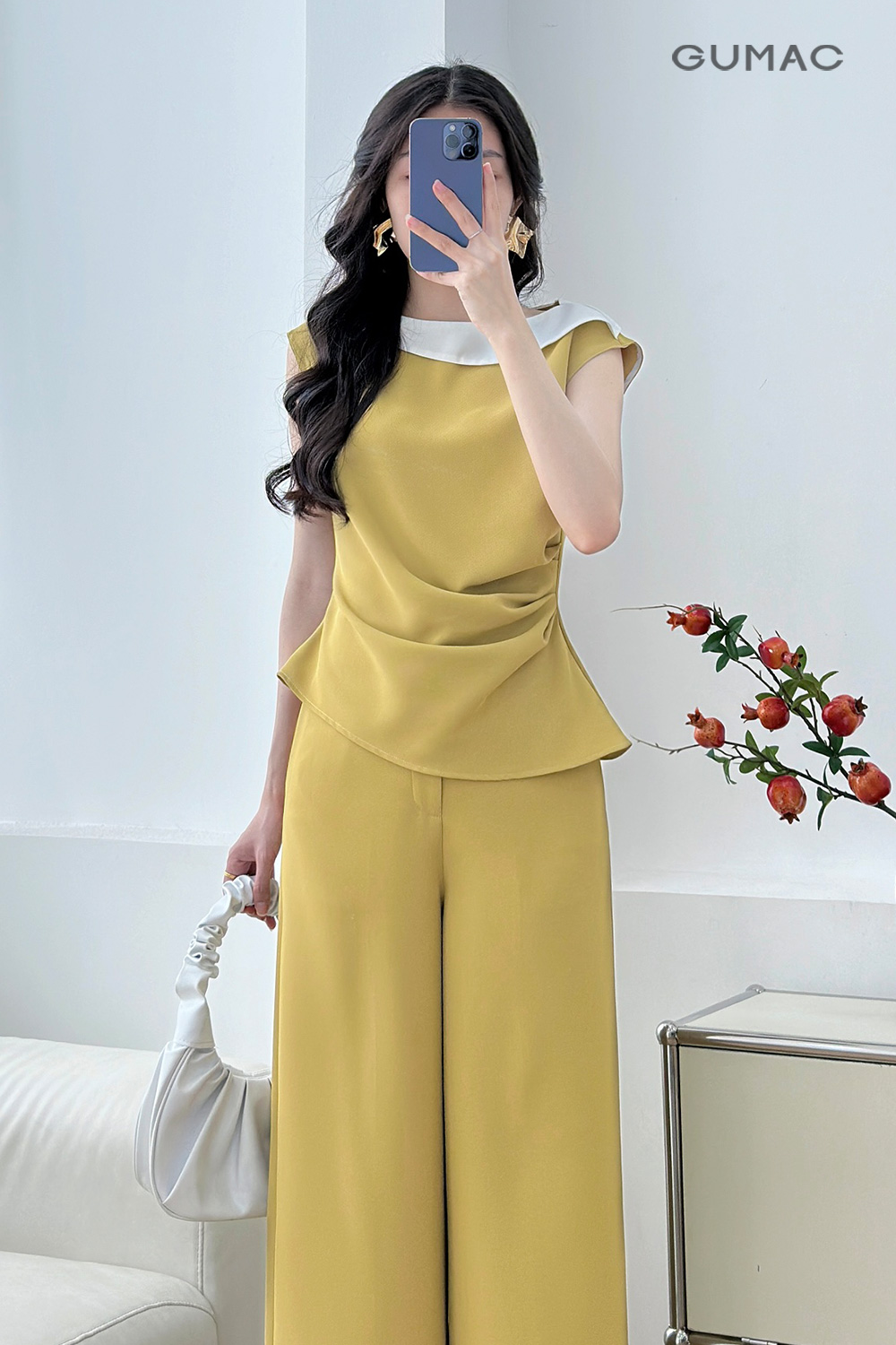 Set áo kiểu phối cổ mix quần ống suông nút bộc