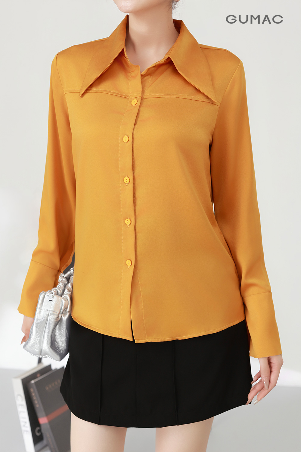 ao-so-mi-mau-vang-mix-cung-mau-tim-than