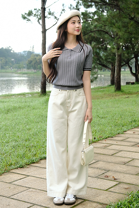 APG09067-Áo Polo Dệt Kim Ôm-ngắn