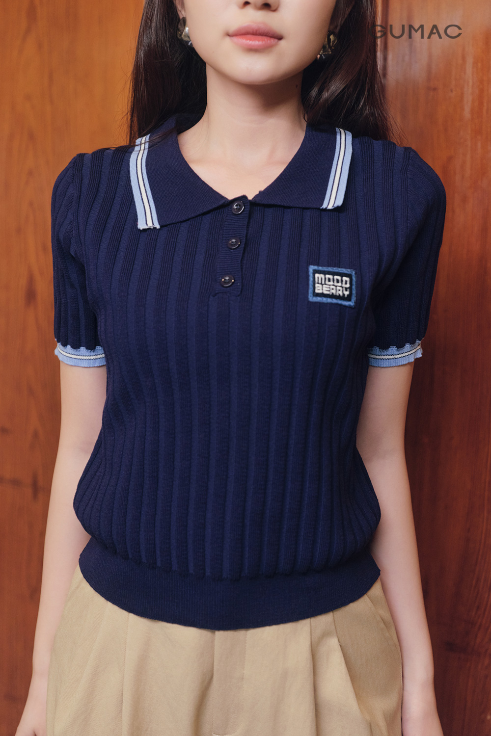 APG09067-Áo Polo Dệt Kim Ôm-ngắn