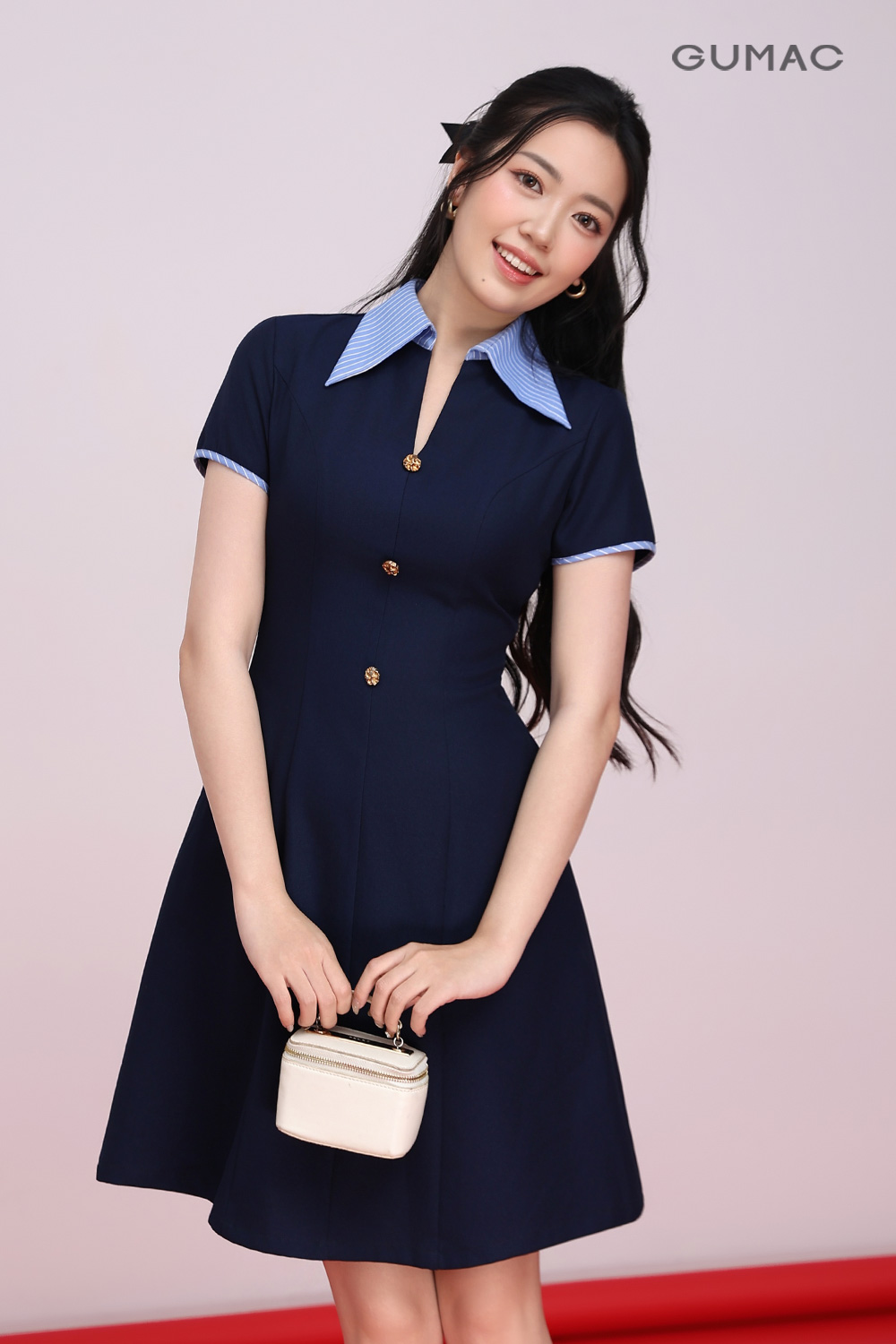 Đầm A cổ sơmi sọc