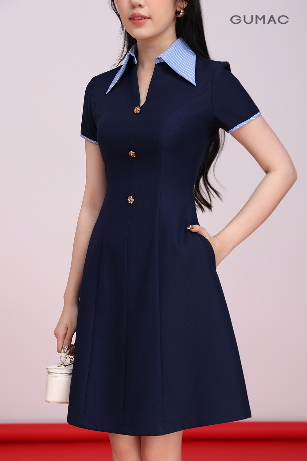 Đầm A cổ sơmi sọc
