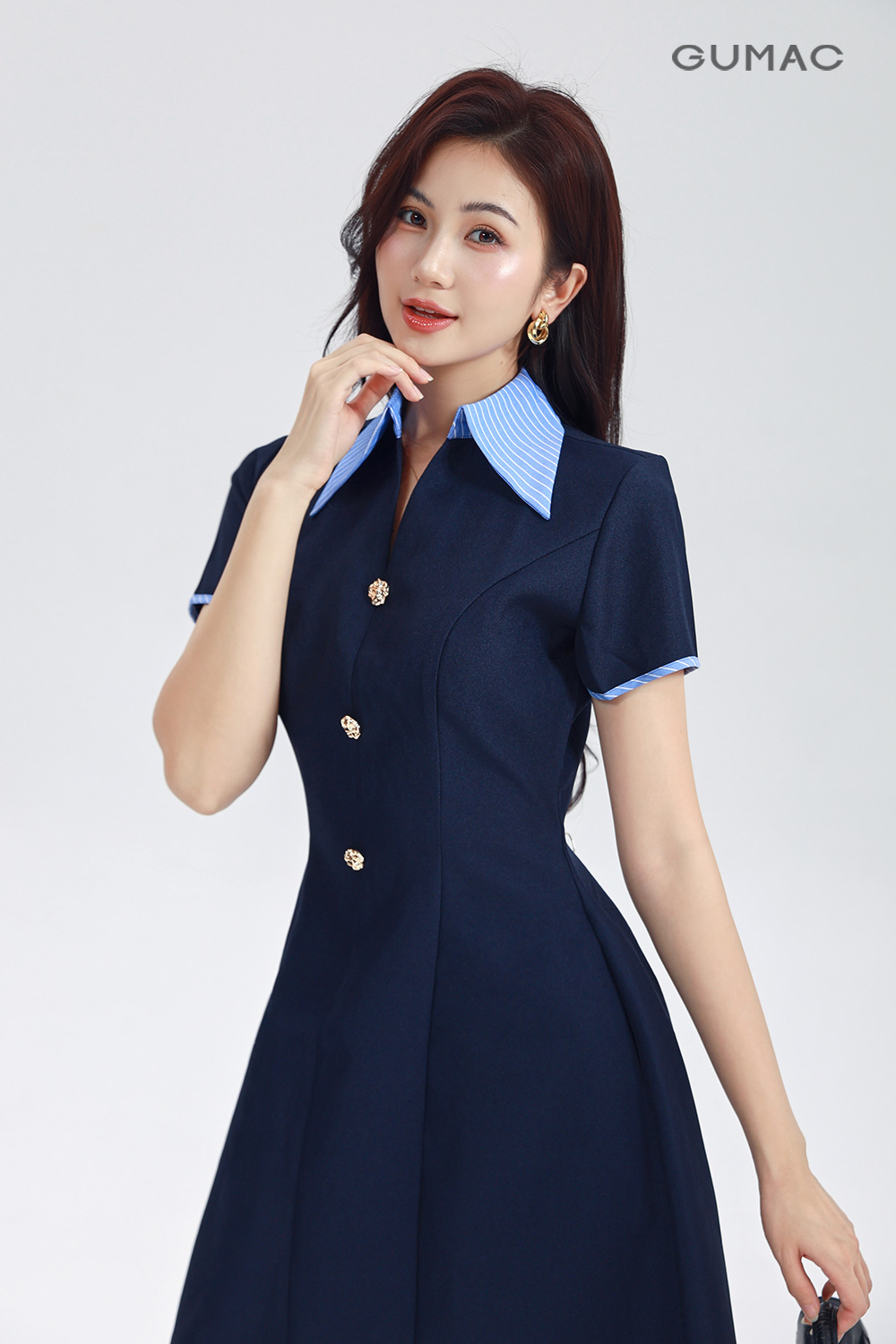 Đầm A cổ sơmi sọc