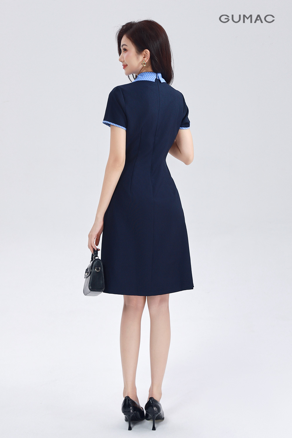 Đầm A cổ sơmi sọc