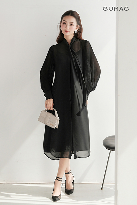 Đầm sơ mi thắt nơ 