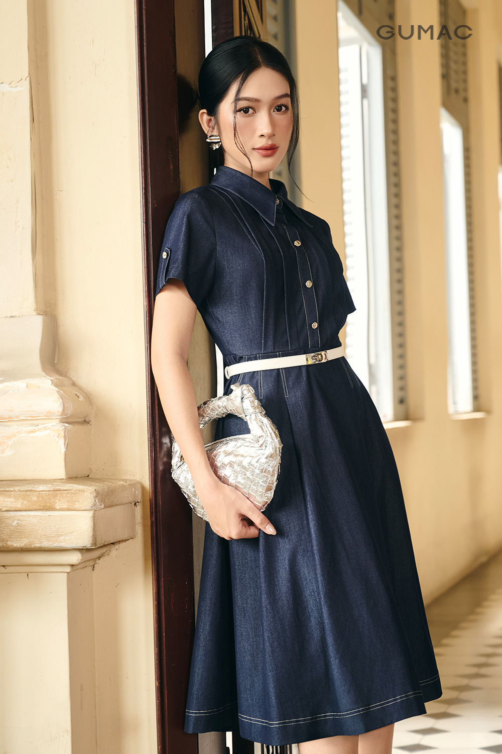 Đầm jean lụa A xòe