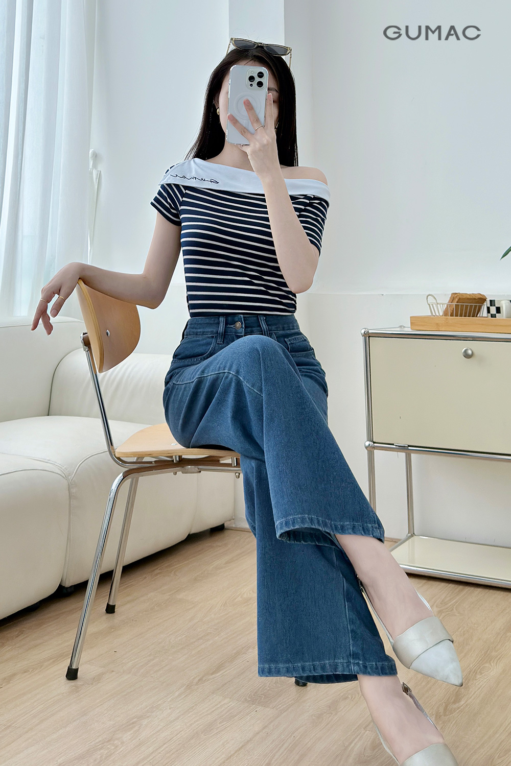 Áo thun lệch vai thêu