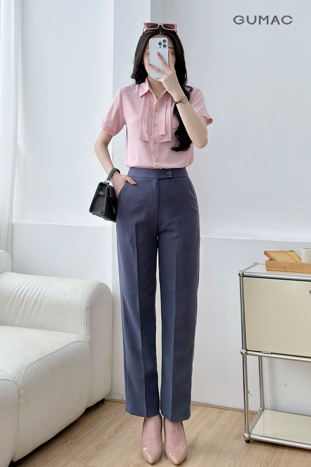 ao so mi hong phoi quan tay di thi cho nang tuoi mao