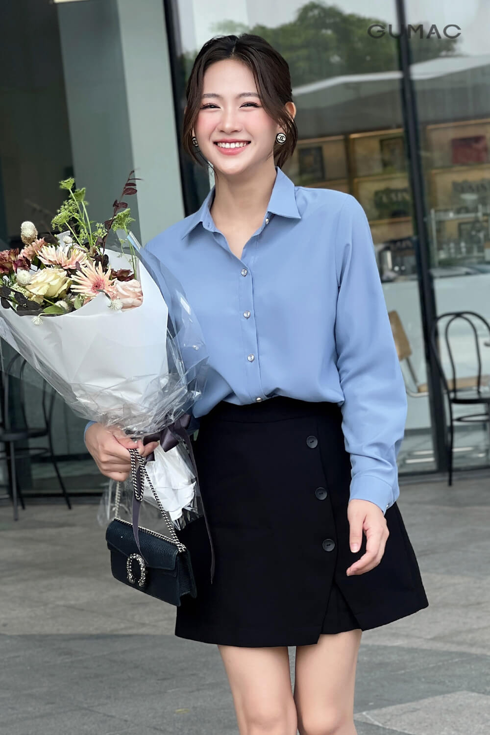 áo sơ mi xanh dương phối quần giả váy