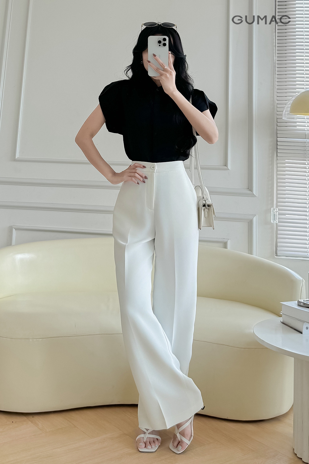 Quần ống suông nút bọc