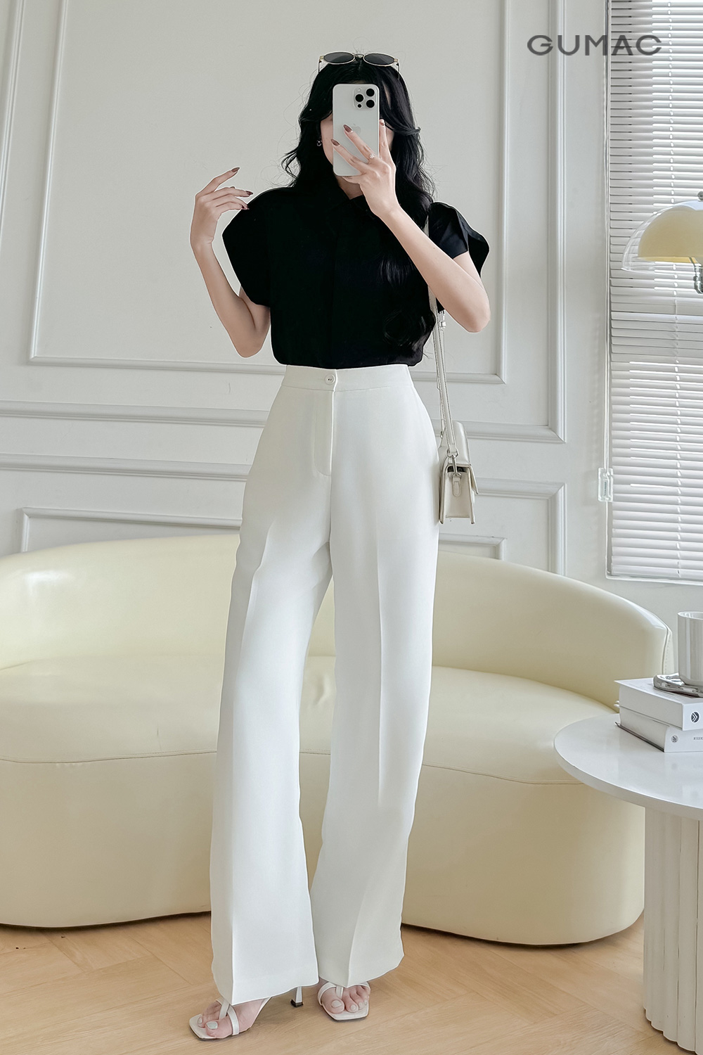 Quần ống suông nút bọc