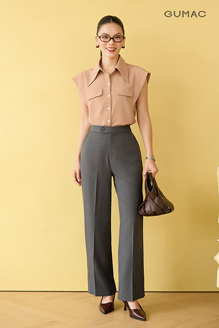 Quần ống suông nút bọc