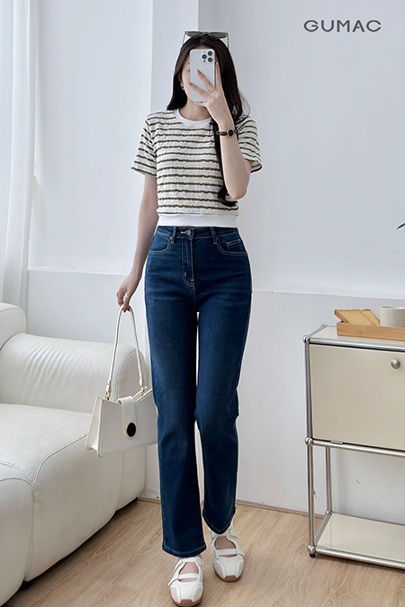 Quần jeans phối chỉ xám