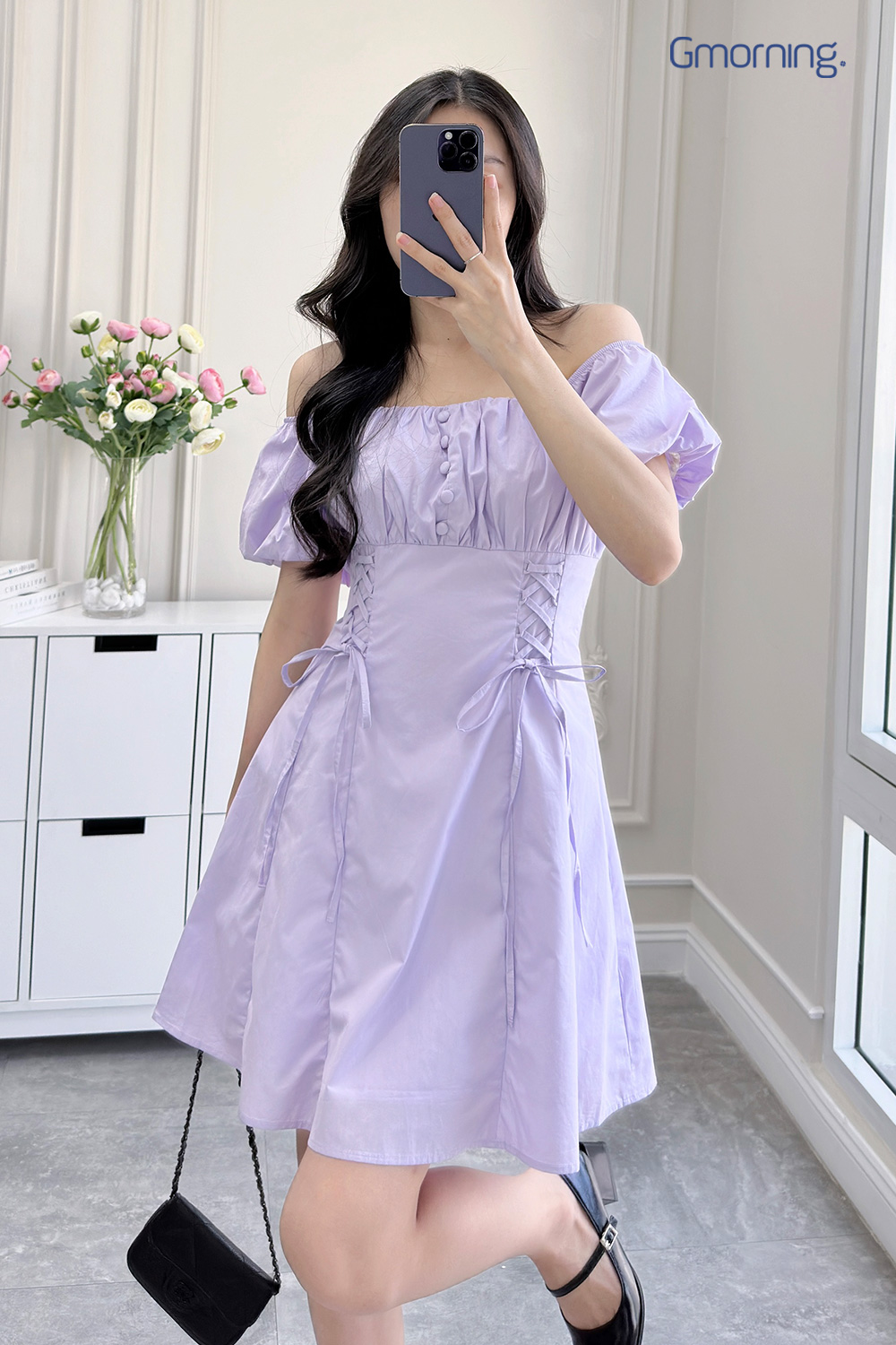 vay dam gumac tay bong co beo chup anh cung hoa giay dep