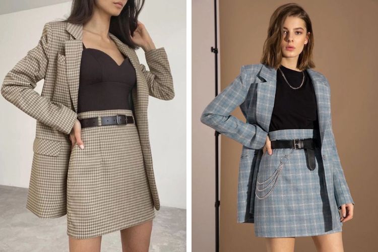 Áo đen kết hợp chân váy caro