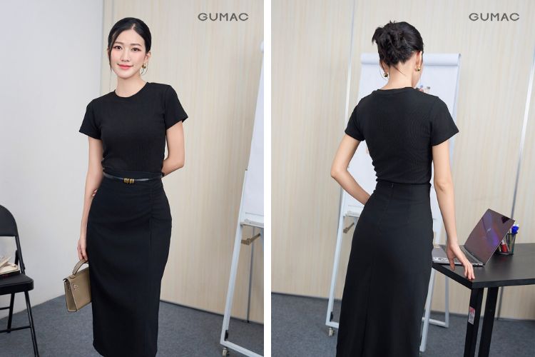 Áo đen kết hợp chân váy đen