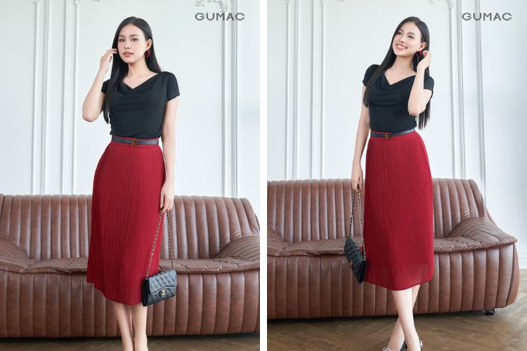Áo đen kết hợp chân váy đỏ đô