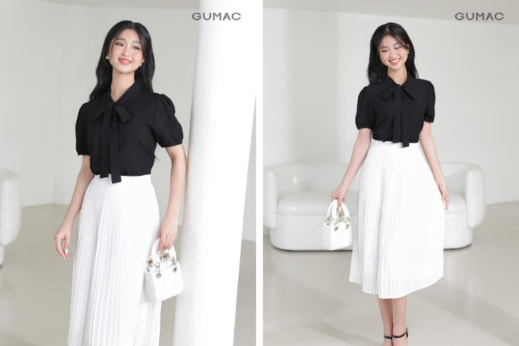 Áo đen kết hợp chân váy trắng