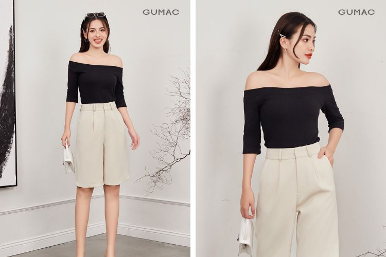Áo đen kết hợp quần màu kem