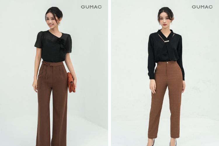 Áo đen kết hợp quần màu nâu