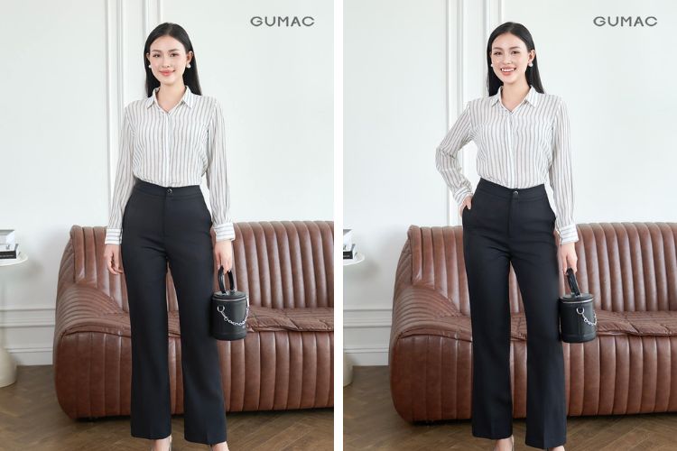 Áo họa tiết mặc quần đen
