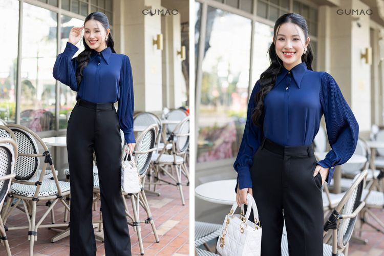 Áo xanh dương mặc quần đen