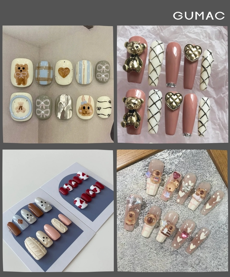 mau nail gau ket hop hoa tiet trai tim