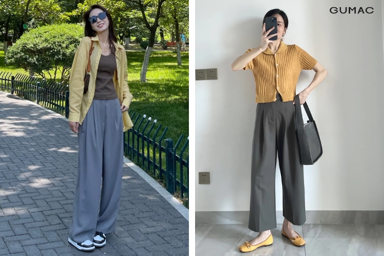 Quần màu xám phối với áo màu vàng